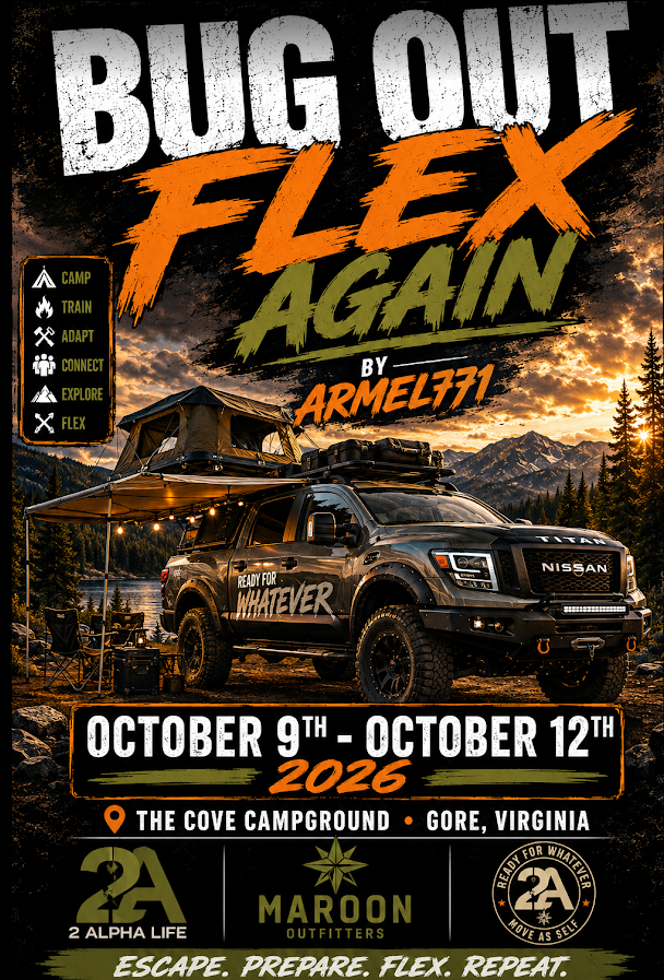 Bug Out and Flex artwork with an overland truck and campsite
